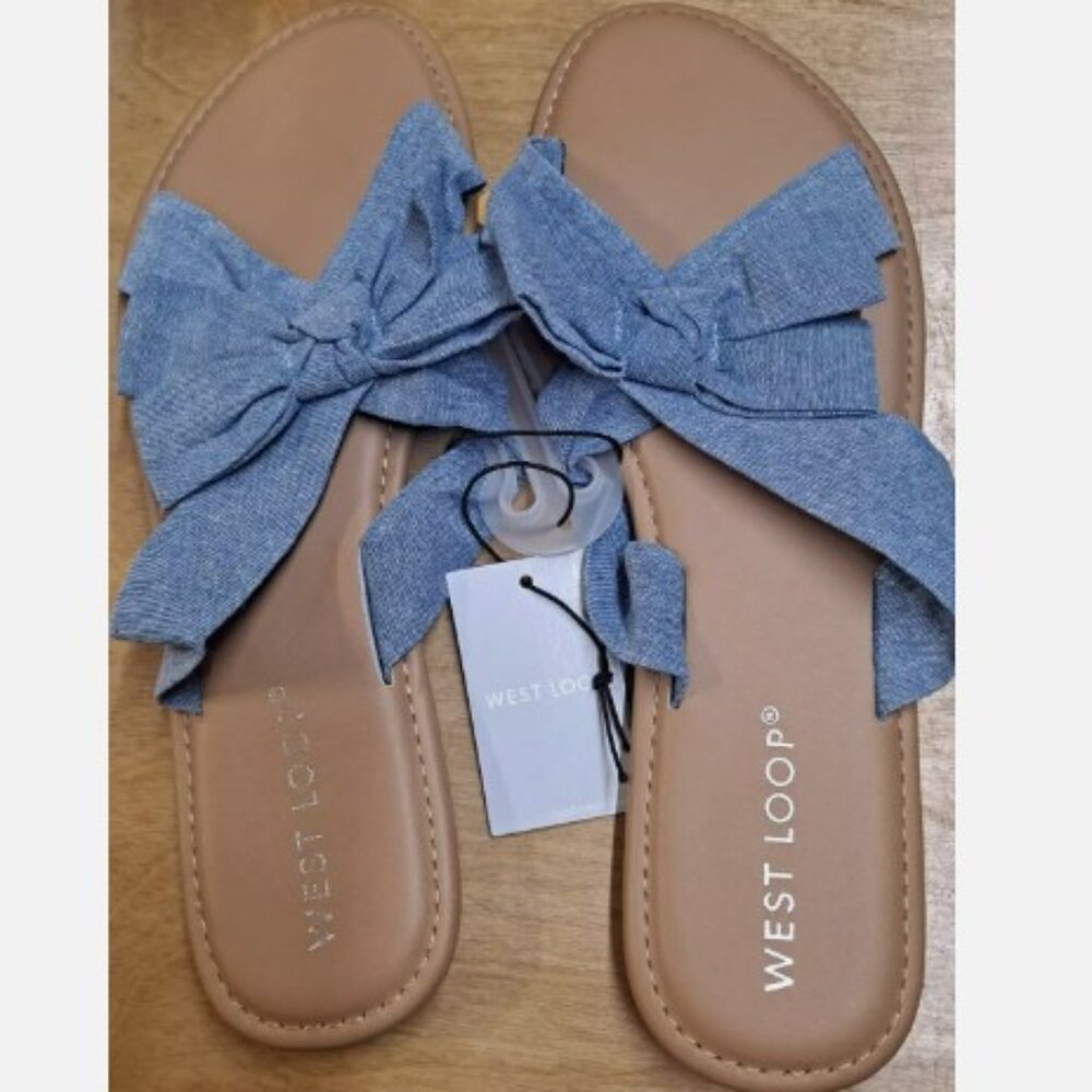 West Loop Woman’s Flat Sandals W/Denim Blue Knot Bow NWT